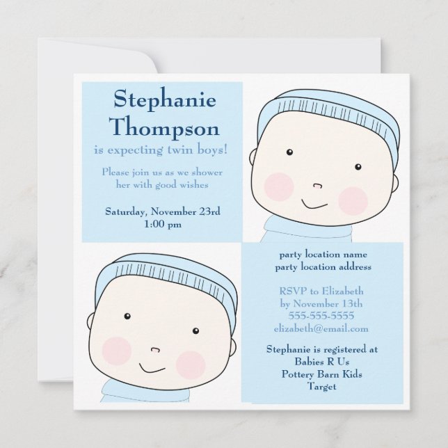Twin Boy Blue Blocks Baby Shower Invitation (Front)