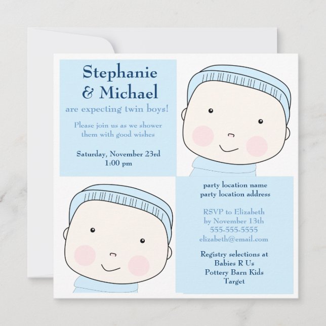Twin Boy Blue Couples Baby Shower Invitation (Front)