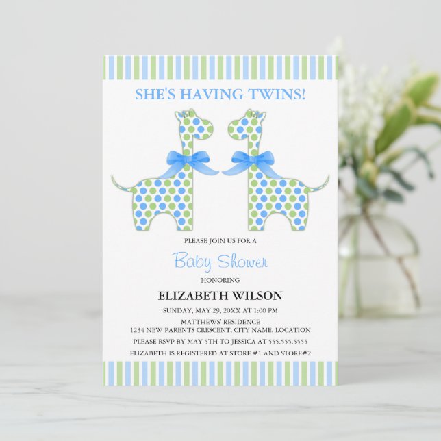 Twin Boy Giraffe Baby Shower Invitation (Standing Front)