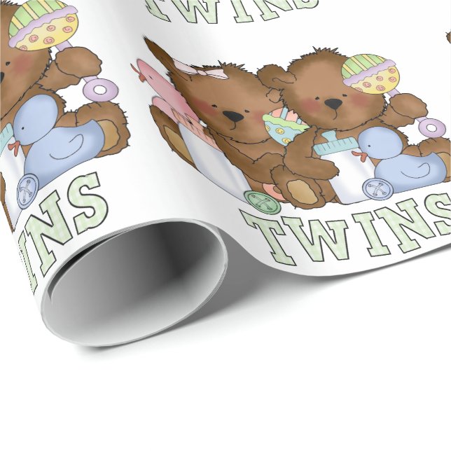 Twin boy,girl baby bears wrapping paper (Roll Corner)