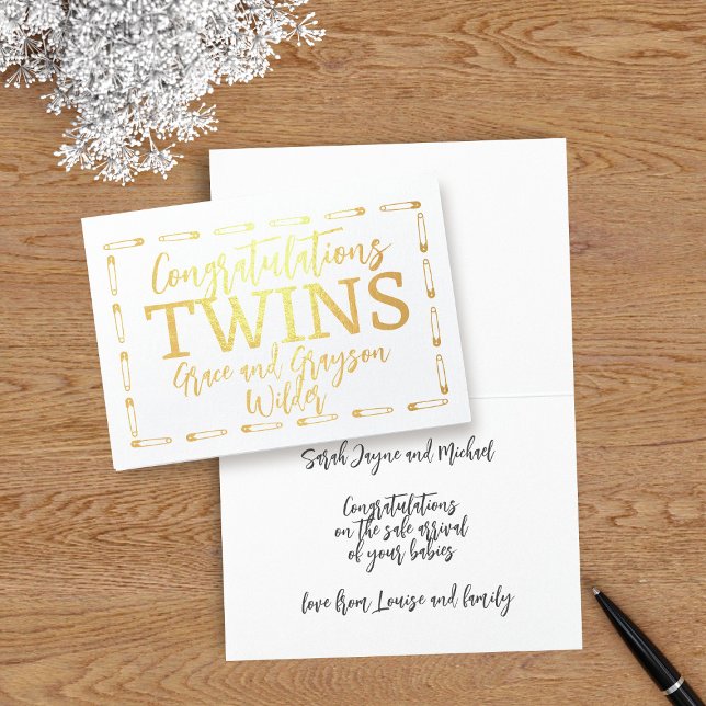 Twin Boy Girl Baby Congratulations New Parents Foil Card (Congratulate the parents of twins with this cute foil card featuring a frame of diaper pins. )
