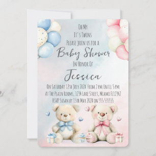 Twin Boy & Girl Bear Baby Shower Invitation