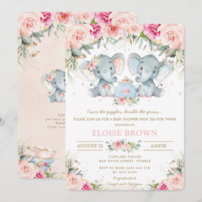 Twin Boy Girl Elephant Pink Floral Tea Baby Shower Invitation (Front/Back)
