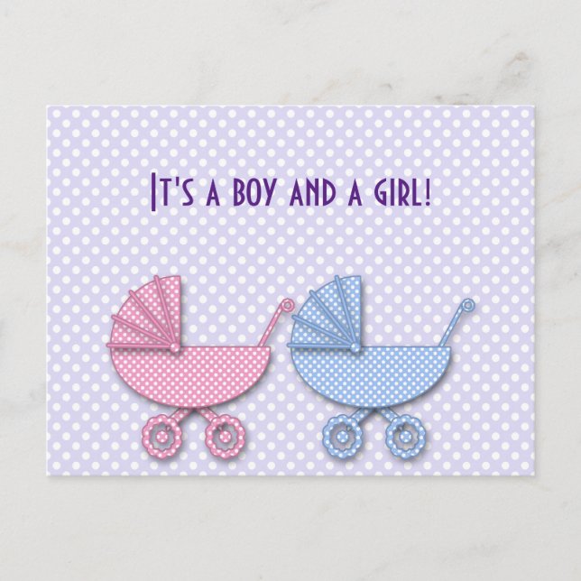 twin boy & girl polka dot stroller - gifts announcement postcard (Front)