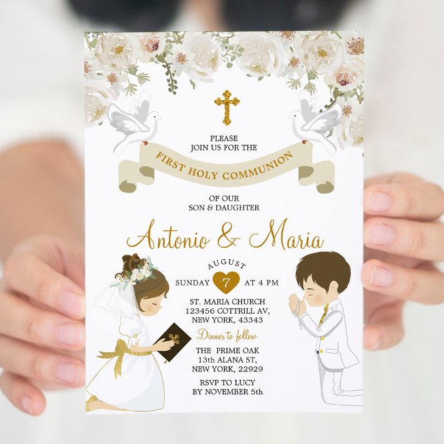 Twin Boy & Girl Praying Flowers 1st Holy Communion Invitation (Creator Uploaded)