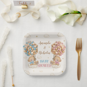 Twin Boy Girl Shower Cute Bears Pink Blue Paper Plate