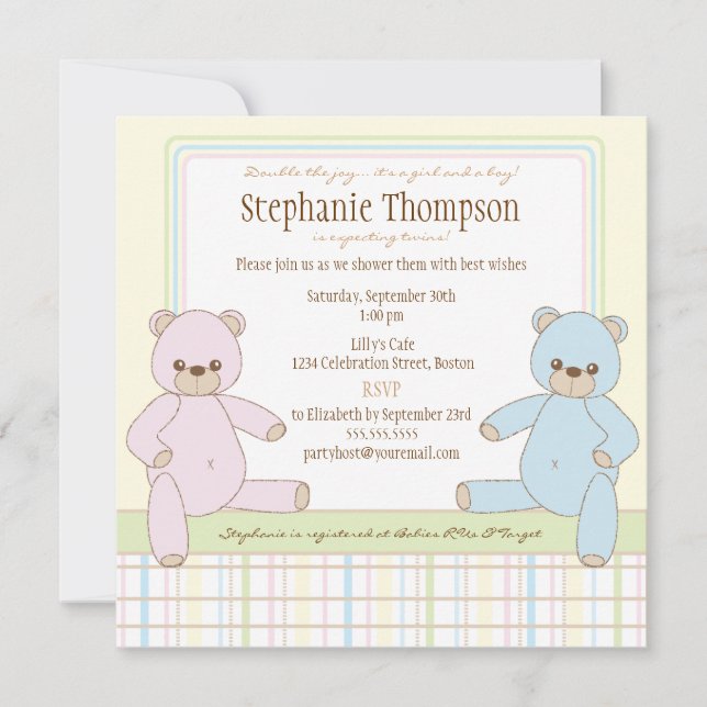 Twin Boy Girl Teddy Bears Baby Shower Invitation (Front)