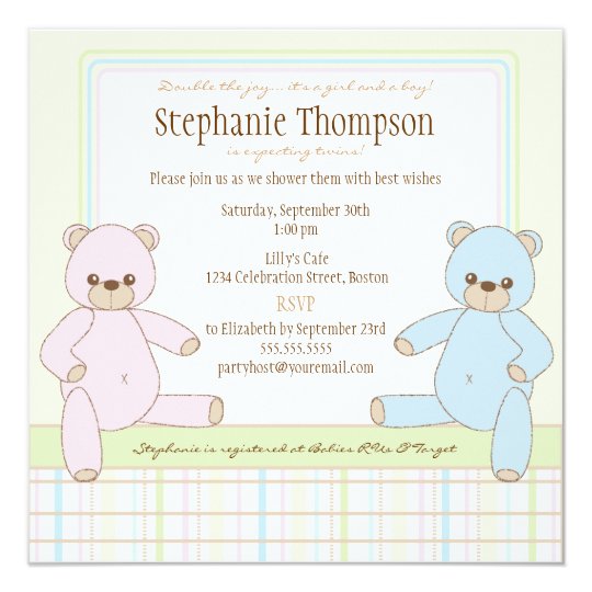Twin Boy Girl Teddy Bears Baby Shower Invitation | Zazzle.co.nz