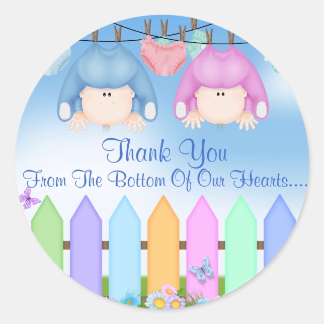 Twin BOY & GIRL THANK YOU FAVORS Baby Shower Classic Round Sticker (Front)