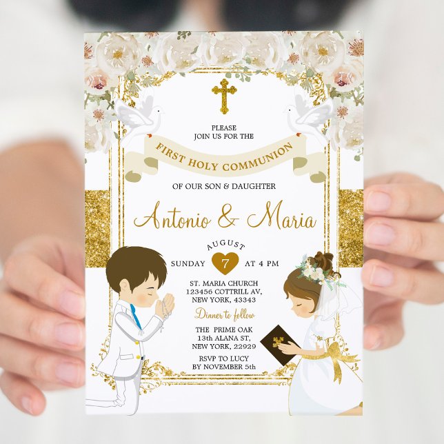 Twin Boy & Girl White Flower 1st Holy Communion Invitation (Creator Uploaded)