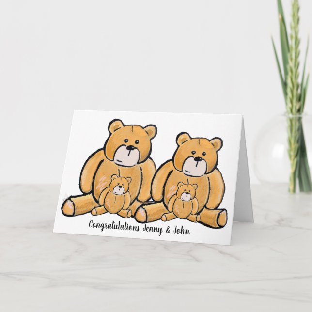 Twin boy or girl teddy bear congratulations card (Front)