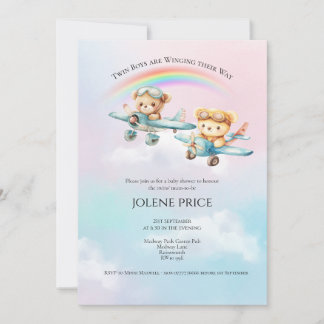 Twin Boy Teddies Baby Shower Invitation