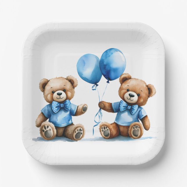 Twin Boy Teddy Bears With Blue Balloons Paper Plate (Front)