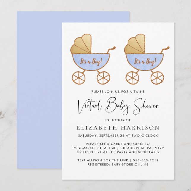 Twin Boy Watercolor Virtual Baby Shower Invitation (Front/Back)