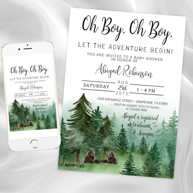 Twin Boy Woodland Bear Oh Boy Baby Shower Invitation (Twin boy baby woodland deer shower invitation. Instant download and printed invitations available.)
