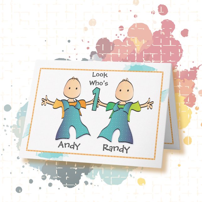 Twin Boys 1st Birthday Cute Adorable Cartoon  Card (Creator Uploaded)