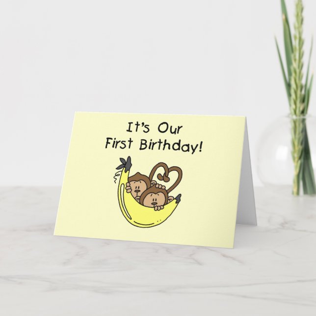 Twin Boys 1st Birthday Monkey Tshirts and Gifts Card (Front)