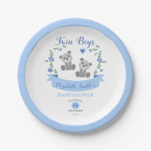 Twin boys baby bears baby shower paper plate