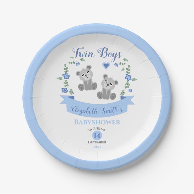 Twin boys baby bears baby shower  paper plate (Front)
