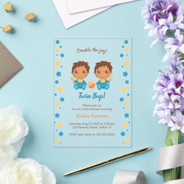 Twin Boys Baby Shower Transparent 2 Acrylic Invitations (Insitu (Wedding))