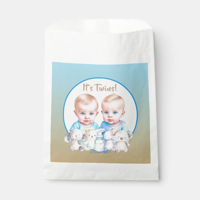 Twin Boy's Baby Shower Watercolor Animals Favour Bags (Front)