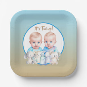 Twin Boy's Baby Shower Watercolor Animals Paper Plate