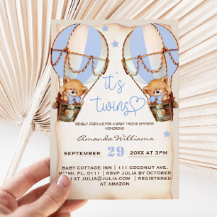 Twin Boys Bear Balloon & Stars Baby Shower Boho Invitation