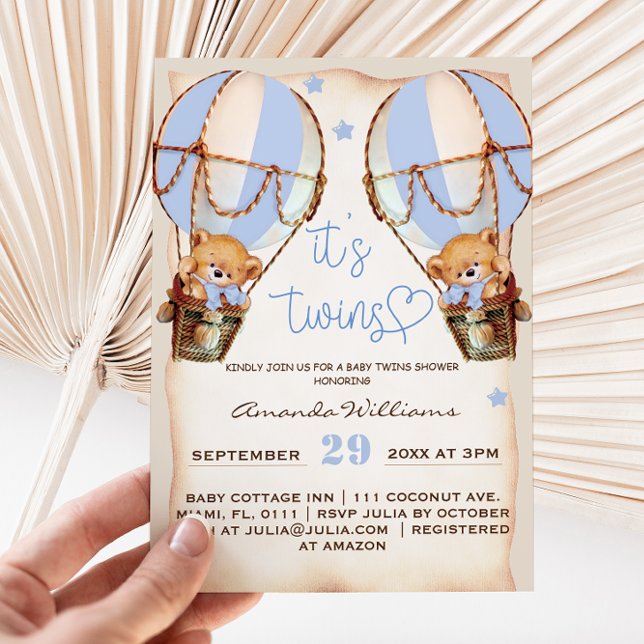 Twin Boys Bear Balloon & Stars Baby Shower Boho Invitation (Creator Uploaded)