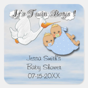 Twin Boys Blonde - Stork Baby Shower Favour Square Sticker