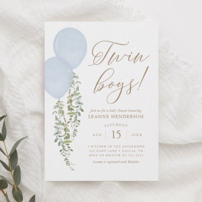 Twin Boys Blue Balloon Eucalyptus Baby Shower Invitation (Creator Uploaded)