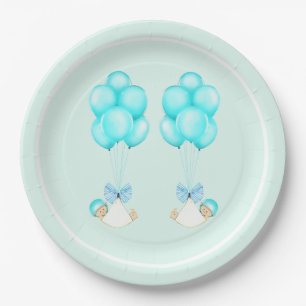 Twin Boys Blue Balloons Baby Shower Paper Plate