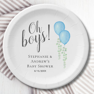 Twin Boys Blue Balloons Baby Shower Paper Plate