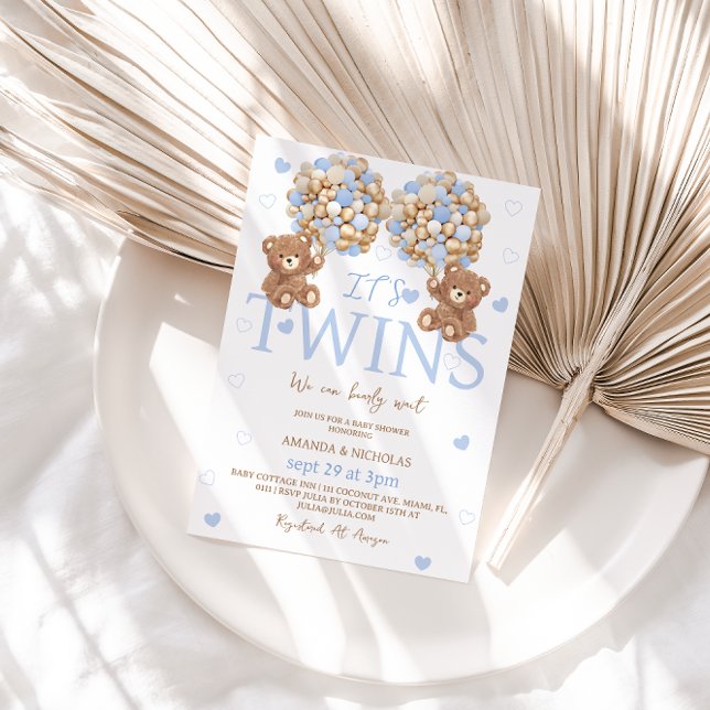Twin Boys Blue Bear Balloon Baby Shower Invitation (Creator Uploaded)