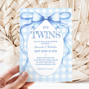 Twin Boys Blue Bow Vintage Cute   Invitation