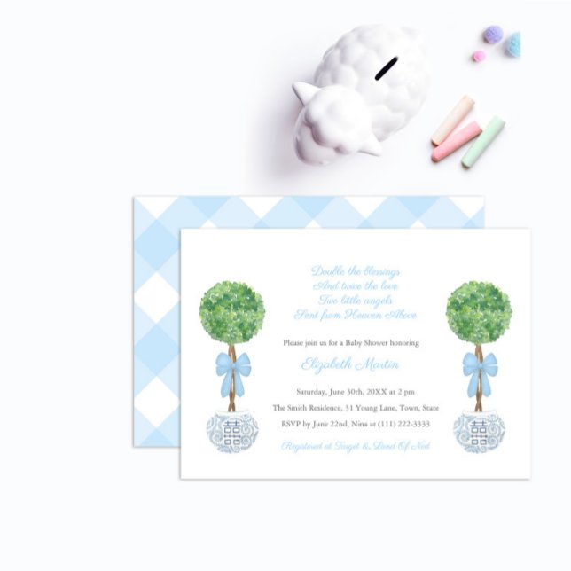 Twin Boys Blue Chequered Ginger Jar Baby Shower Invitation (Creator Uploaded)