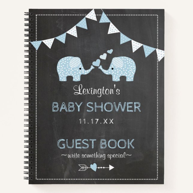 Twin Boys Blue Elephants Baby Shower Guest Book | (Front)