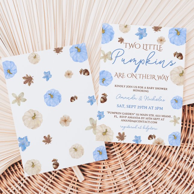 Twin Boys Blue Pumpkin Fall Baby Shower Invitation (Creator Uploaded)