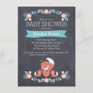 Twin Boys Chalkboard Fox Baby Shower Invitation
