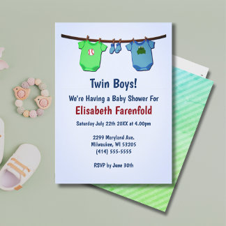 Twin Boys Close Line Blue & Green Baby Shower Invitation
