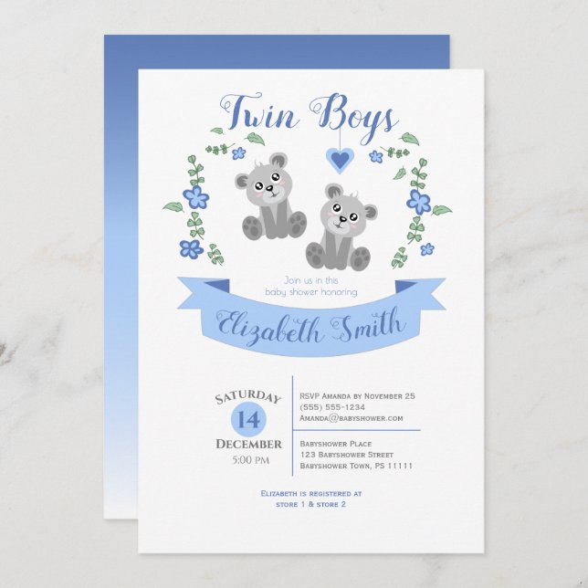 Twin Boys Cute bear babyshower Invitation (Front/Back)