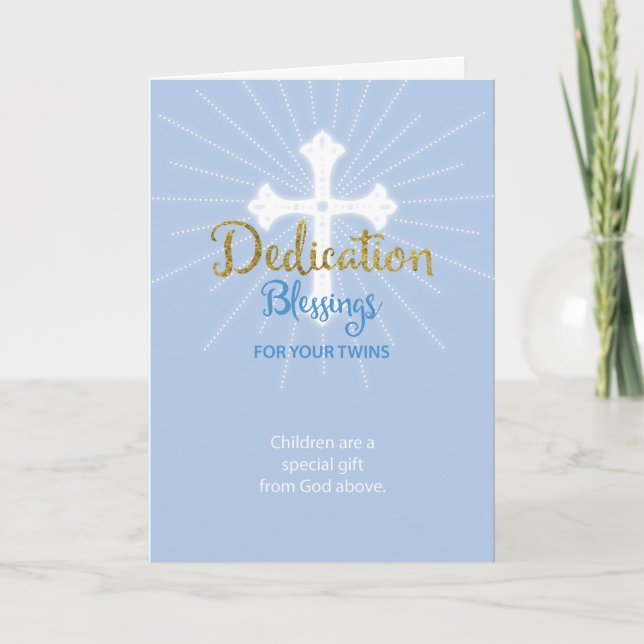 Twin Boys Dedication Blessing Blue and Gold Card (Front)