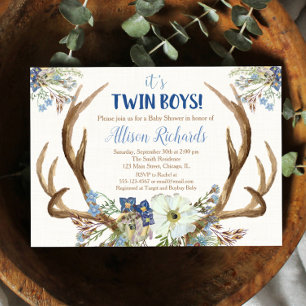 Twin boys deer antlers baby shower invitation 