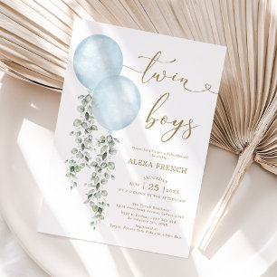 Twin Boys Dusty Blue Balloon Greenery Baby Shower Invitation