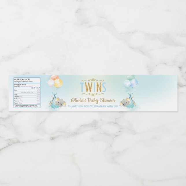 Twin Boys Elephant Baby Shower Thank You Favour Water Bottle Label (Single Label)