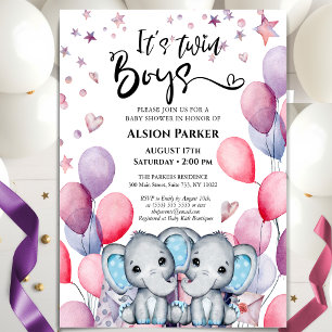 Twin Boys Elephant Blue Balloons Cute Baby Shower Invitation