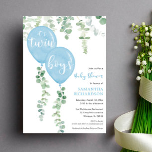 Twin boys eucalyptus blue balloons baby shower invitation