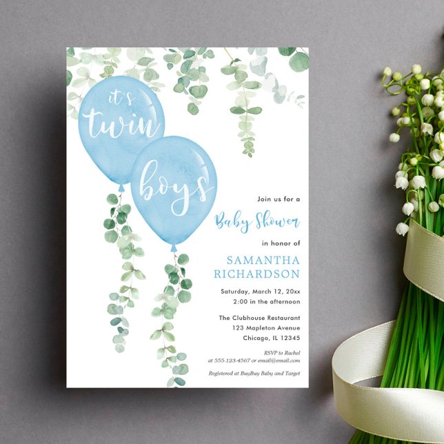 Twin boys eucalyptus blue balloons baby shower invitation (Creator Uploaded)