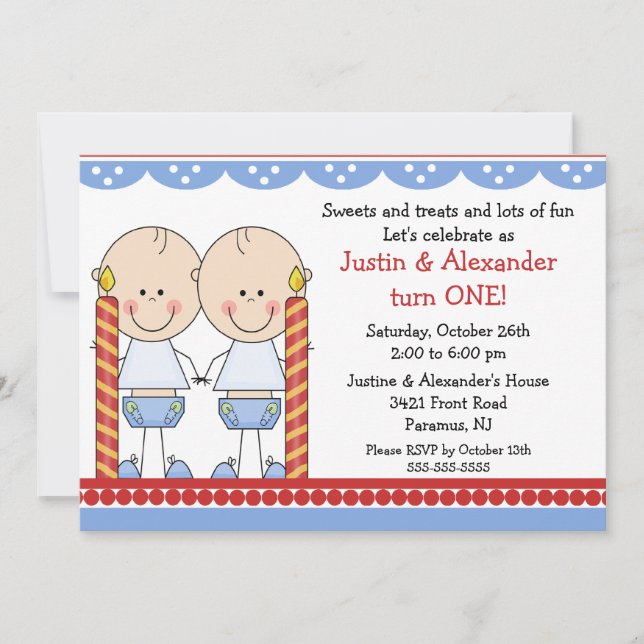 Twin Boys First Birthday Invitation (Front)