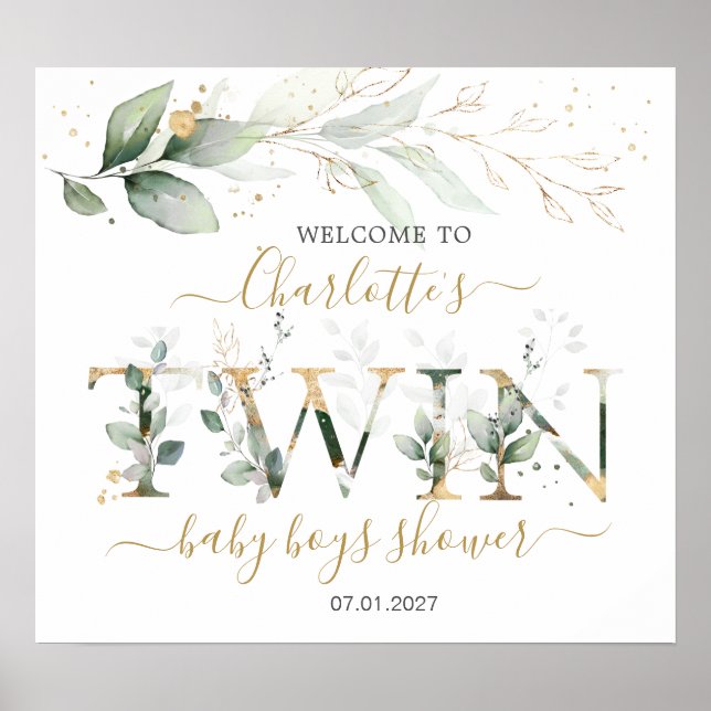 Twin Boys Green Foliage Welcome Baby shower sign (Front)