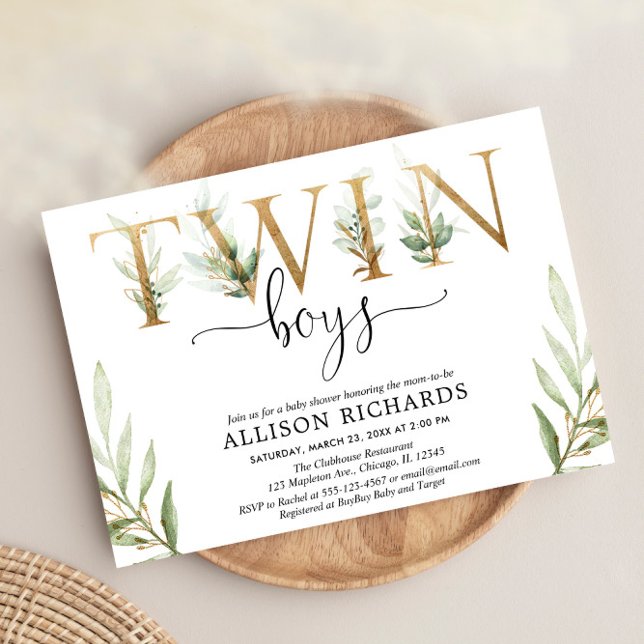 Twin boys greenery modern baby shower invitation (Creator Uploaded)